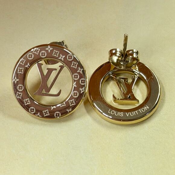 Genuine 18K Gold Plated 1/2 Inch LV Earrings Louis Designer Stamped - Picture 2 of 5